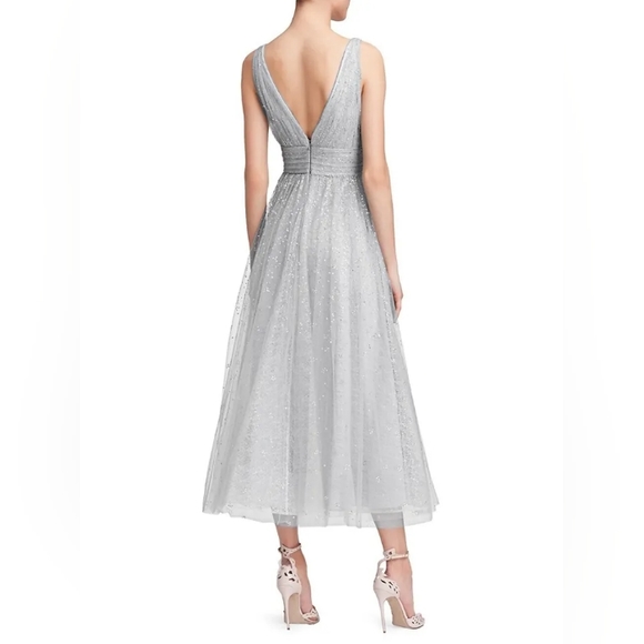 NWT MARCHESA NOTTE Glitter Tulle V-Neck Empire Waist A-Line Dress 8 Silver - Picture 5 of 12